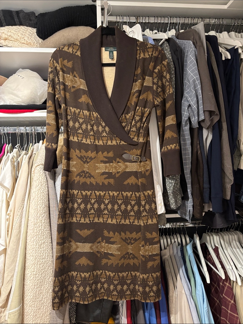 Ralph Lauren Brown Patterned Wrap Sweater Dress